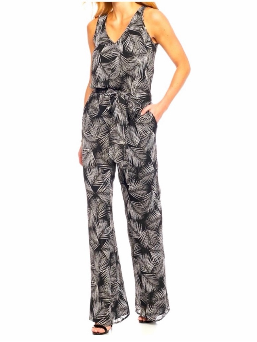 Michael Kors Tropical Palm Leaf Print Jumpsuit Sleeveless Wide Leg Belted